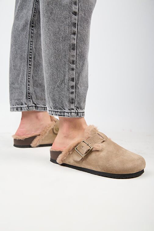 Manijero (Zeta 2 Kürklü ) Kadın Hakiki Deri Kemerli Tokalı Sabo Vizon Terlik - Görsel 5