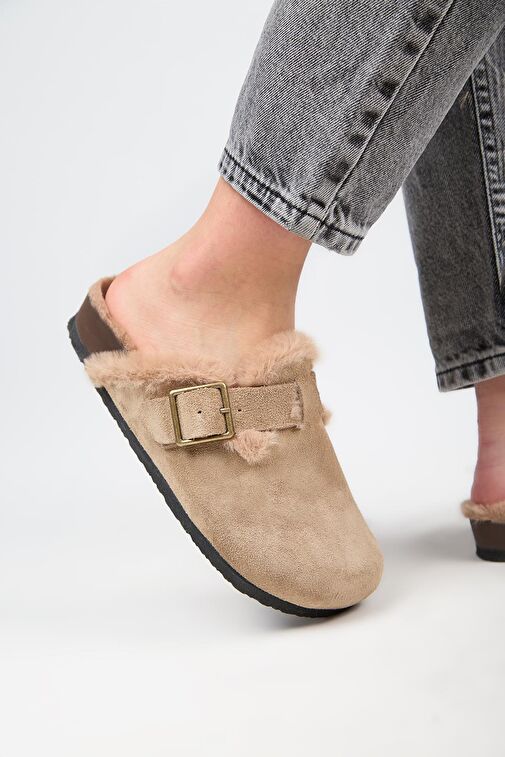 Manijero (Zeta 2 Kürklü ) Kadın Hakiki Deri Kemerli Tokalı Sabo Vizon Terlik - Görsel 6