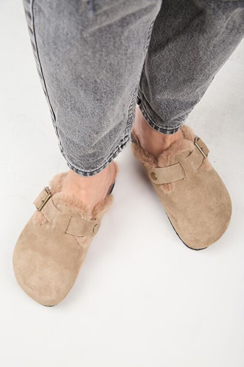 Manijero (Zeta 2 Kürklü ) Kadın Hakiki Deri Kemerli Tokalı Sabo Vizon Terlik - Görsel 7