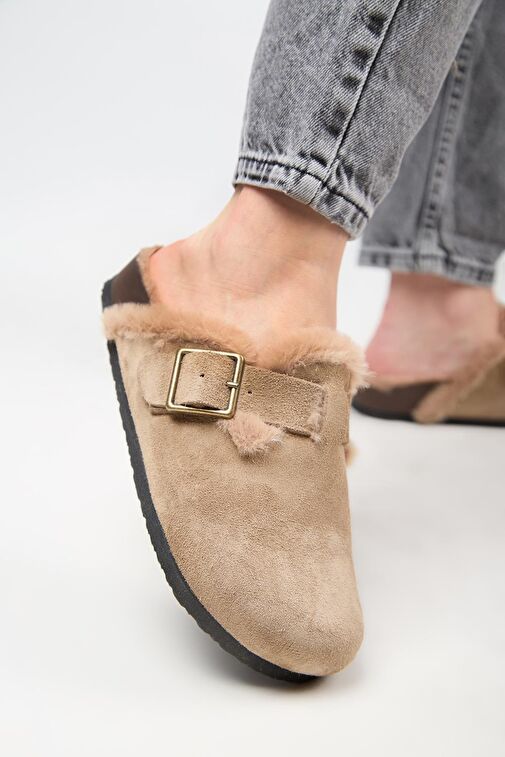 Manijero (Zeta 2 Kürklü ) Kadın Hakiki Deri Kemerli Tokalı Sabo Vizon Terlik - Görsel 8