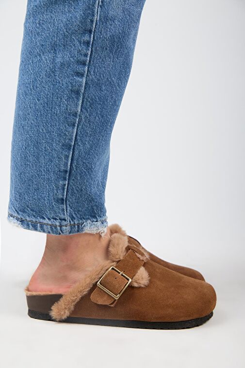 Manijero (Zeta 2 Kürklü ) Kadın Hakiki Deri Kemerli Tokalı Sabo Taba Terlik - Görsel 2