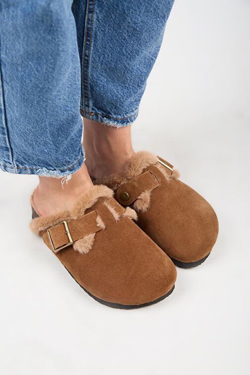 Manijero (Zeta 2 Kürklü ) Kadın Hakiki Deri Kemerli Tokalı Sabo Taba Terlik - Görsel 3