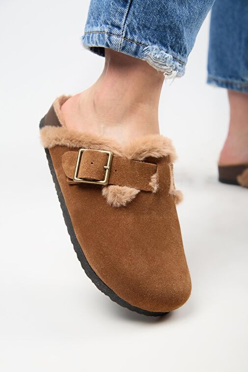 Manijero (Zeta 2 Kürklü ) Kadın Hakiki Deri Kemerli Tokalı Sabo Taba Terlik - Görsel 5