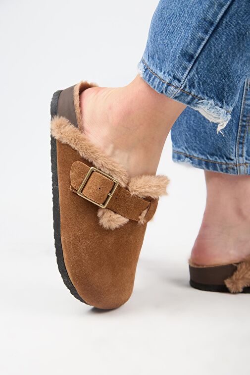 Manijero (Zeta 2 Kürklü ) Kadın Hakiki Deri Kemerli Tokalı Sabo Taba Terlik - Görsel 6