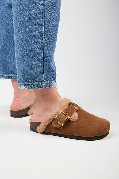 Manijero (Zeta 2 Kürklü ) Kadın Hakiki Deri Kemerli Tokalı Sabo Taba Terlik - Görsel 7