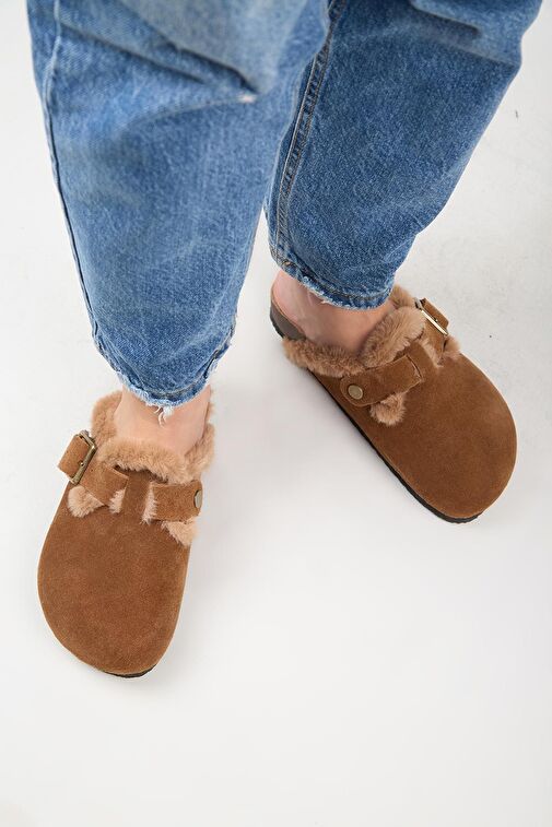 Manijero (Zeta 2 Kürklü ) Kadın Hakiki Deri Kemerli Tokalı Sabo Taba Terlik - Görsel 8