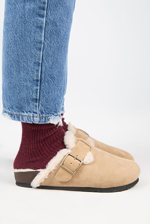 Manijero (Zeta 2 Kürklü ) Kadın Hakiki Deri Kemerli Tokalı Sabo Kum Terlik - Görsel 2