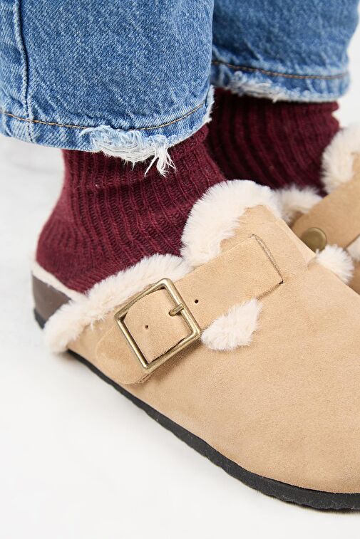 Manijero (Zeta 2 Kürklü ) Kadın Hakiki Deri Kemerli Tokalı Sabo Kum Terlik - Görsel 4