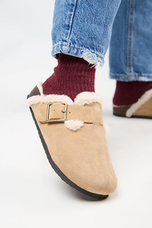 Manijero (Zeta 2 Kürklü ) Kadın Hakiki Deri Kemerli Tokalı Sabo Kum Terlik - Görsel 5