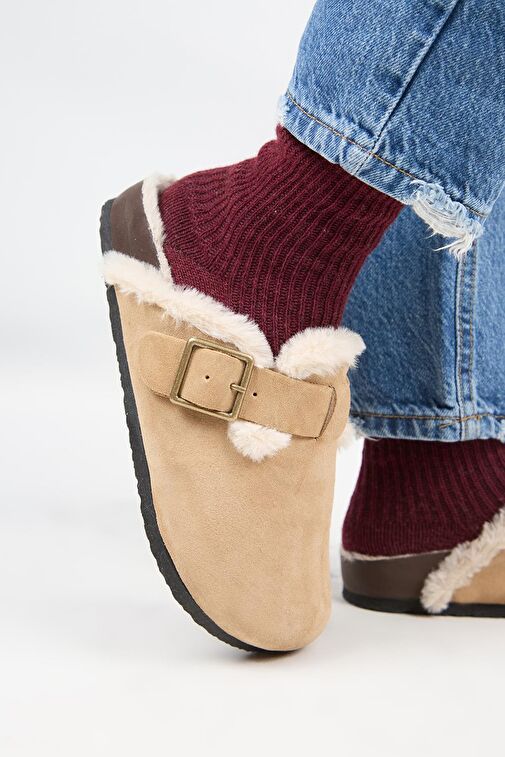 Manijero (Zeta 2 Kürklü ) Kadın Hakiki Deri Kemerli Tokalı Sabo Kum Terlik - Görsel 6