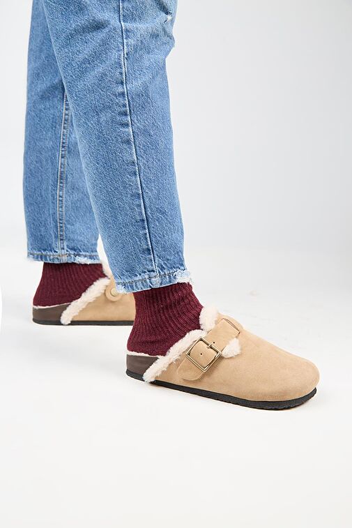 Manijero (Zeta 2 Kürklü ) Kadın Hakiki Deri Kemerli Tokalı Sabo Kum Terlik - Görsel 7