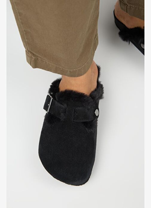 Manijero (Zeta 2 Kürklü ) Kadın Hakiki Deri Kemerli Tokalı Sabo Siyah Terlik - Görsel 7
