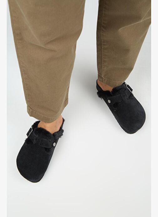 Manijero (Zeta 2 Kürklü ) Kadın Hakiki Deri Kemerli Tokalı Sabo Siyah Terlik - Görsel 6