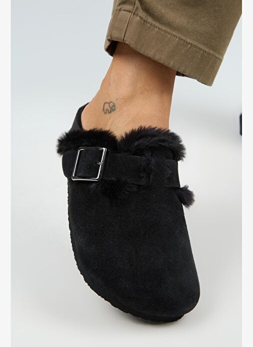 Manijero (Zeta 2 Kürklü ) Kadın Hakiki Deri Kemerli Tokalı Sabo Siyah Terlik - Görsel 4