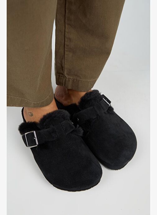 Manijero (Zeta 2 Kürklü ) Kadın Hakiki Deri Kemerli Tokalı Sabo Siyah Terlik - Görsel 3