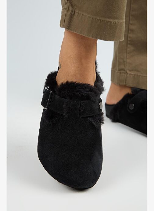 Manijero (Zeta 2 Kürklü ) Kadın Hakiki Deri Kemerli Tokalı Sabo Siyah Terlik - Görsel 5