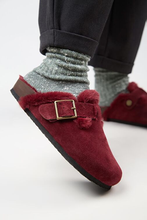 Manijero (Zeta 2 Kürklü ) Kadın Hakiki Deri Kemerli Tokalı Sabo Bordo Terlik - Görsel 2