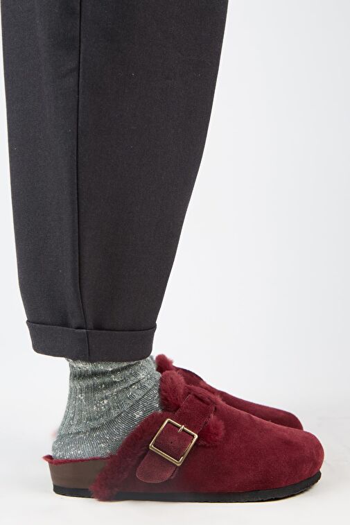 Manijero (Zeta 2 Kürklü ) Kadın Hakiki Deri Kemerli Tokalı Sabo Bordo Terlik - Görsel 3