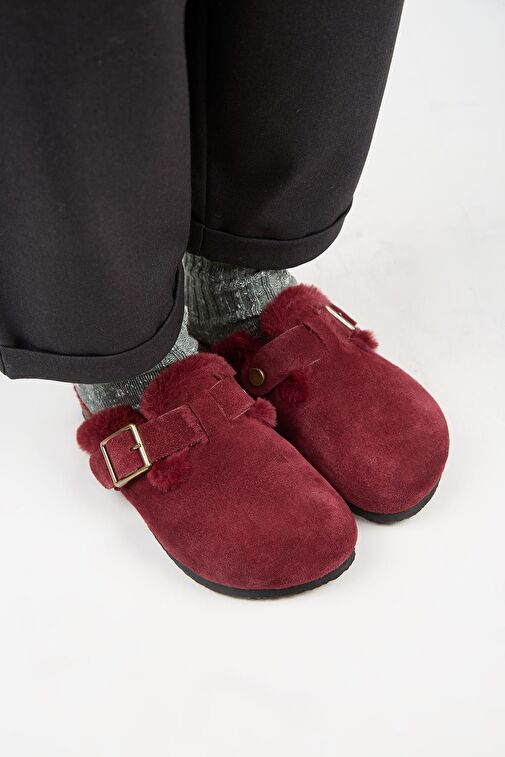 Manijero (Zeta 2 Kürklü ) Kadın Hakiki Deri Kemerli Tokalı Sabo Bordo Terlik - Görsel 4