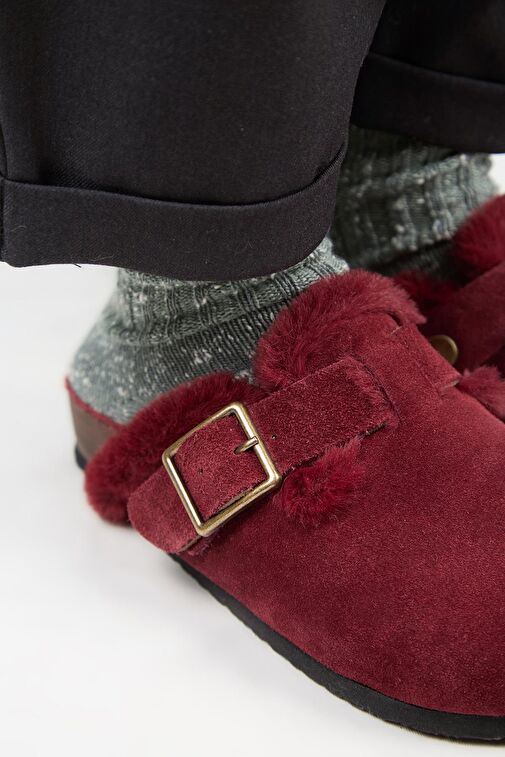 Manijero (Zeta 2 Kürklü ) Kadın Hakiki Deri Kemerli Tokalı Sabo Bordo Terlik - Görsel 5