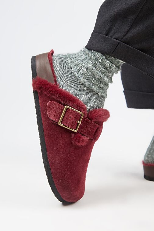 Manijero (Zeta 2 Kürklü ) Kadın Hakiki Deri Kemerli Tokalı Sabo Bordo Terlik - Görsel 6