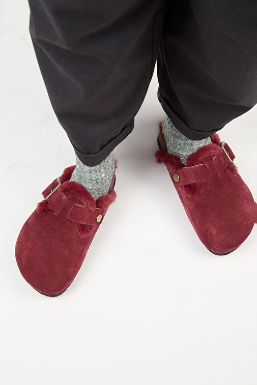 Manijero (Zeta 2 Kürklü ) Kadın Hakiki Deri Kemerli Tokalı Sabo Bordo Terlik - Görsel 7