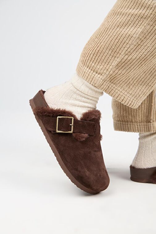 Manijero (Zeta 2 Kürklü ) Kadın Hakiki Deri Kemerli Tokalı Sabo Kahve Terlik - Görsel 2