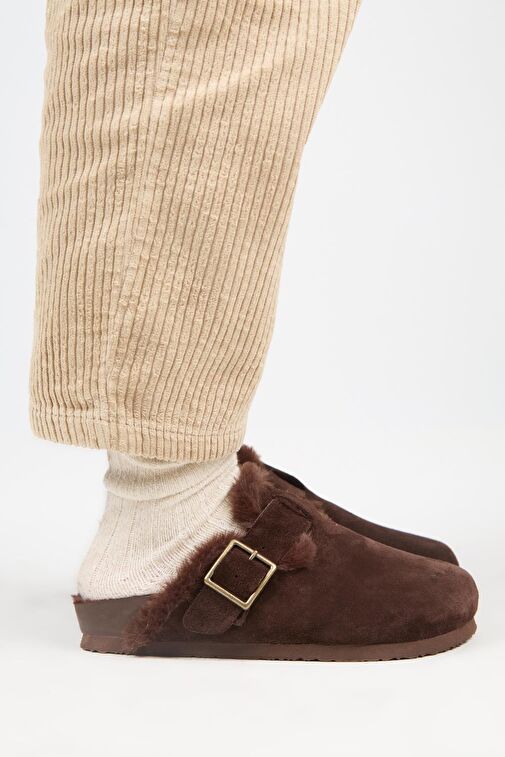 Manijero (Zeta 2 Kürklü ) Kadın Hakiki Deri Kemerli Tokalı Sabo Kahve Terlik - Görsel 3