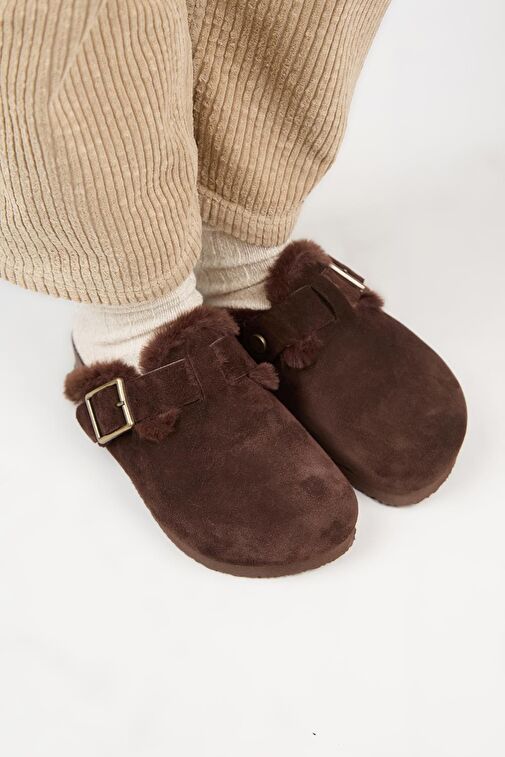 Manijero (Zeta 2 Kürklü ) Kadın Hakiki Deri Kemerli Tokalı Sabo Kahve Terlik - Görsel 4