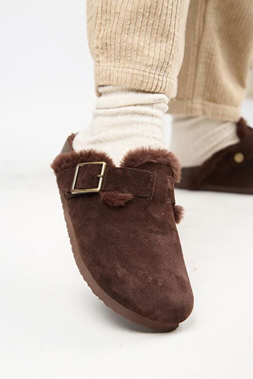 Manijero (Zeta 2 Kürklü ) Kadın Hakiki Deri Kemerli Tokalı Sabo Kahve Terlik - Görsel 6