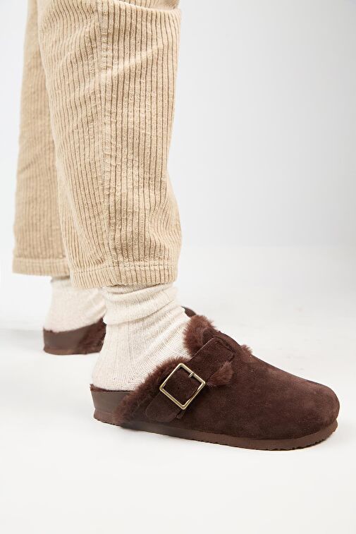 Manijero (Zeta 2 Kürklü ) Kadın Hakiki Deri Kemerli Tokalı Sabo Kahve Terlik - Görsel 7