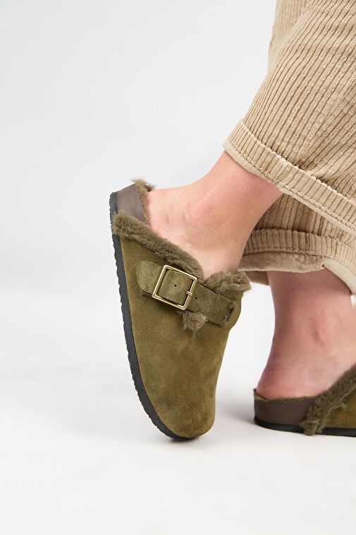 Manijero (Zeta 2 Kürklü ) Kadın Hakiki Deri Kemerli Tokalı Sabo Haki Terlik - Görsel 2