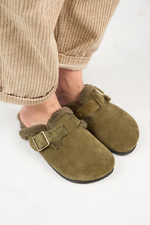 Manijero (Zeta 2 Kürklü ) Kadın Hakiki Deri Kemerli Tokalı Sabo Haki Terlik - Görsel 4