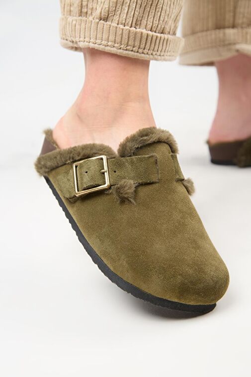 Manijero (Zeta 2 Kürklü ) Kadın Hakiki Deri Kemerli Tokalı Sabo Haki Terlik - Görsel 6