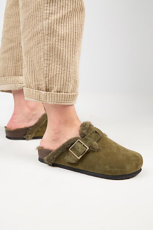 Manijero (Zeta 2 Kürklü ) Kadın Hakiki Deri Kemerli Tokalı Sabo Haki Terlik - Görsel 7