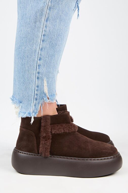 Manijero (Azura Mini) Kadın Hakiki Deri İçi Kürklü Ve Kürk Şeritli Kahve Bot - Görsel 2