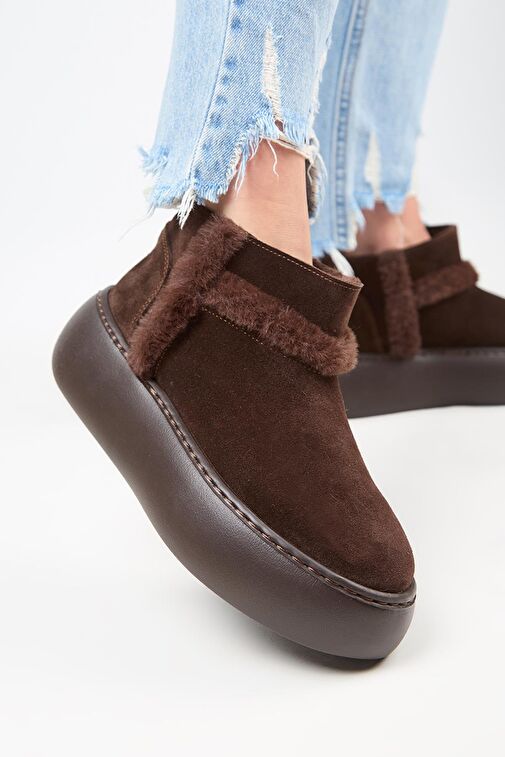 Manijero (Azura Mini) Kadın Hakiki Deri İçi Kürklü Ve Kürk Şeritli Kahve Bot - Görsel 5