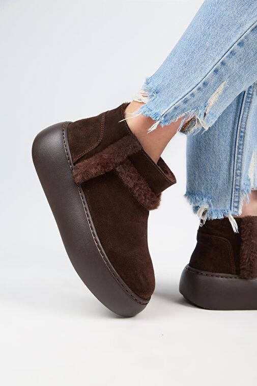 Manijero (Azura Mini) Kadın Hakiki Deri İçi Kürklü Ve Kürk Şeritli Kahve Bot - Görsel 6