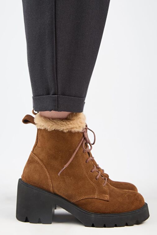 Manijero [Wilma) Kadın Hakiki Deri İçi Kürklü Ve Kürk Şeritli, Topuklu Taba Bot - Görsel 2