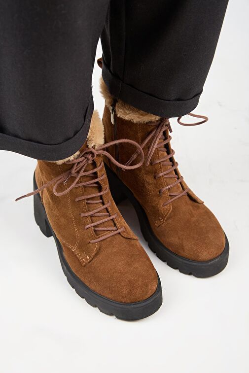 Manijero [Wilma) Kadın Hakiki Deri İçi Kürklü Ve Kürk Şeritli, Topuklu Taba Bot - Görsel 3