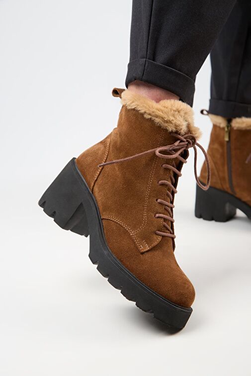 Manijero [Wilma) Kadın Hakiki Deri İçi Kürklü Ve Kürk Şeritli, Topuklu Taba Bot - Görsel 5