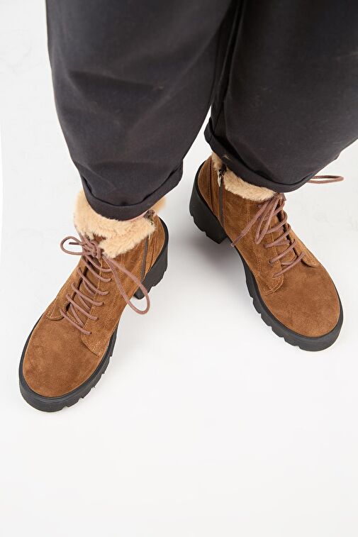 Manijero [Wilma) Kadın Hakiki Deri İçi Kürklü Ve Kürk Şeritli, Topuklu Taba Bot - Görsel 6