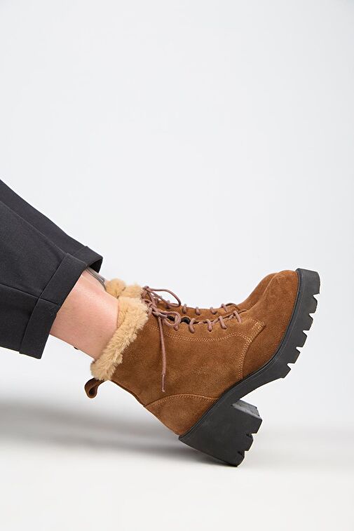 Manijero [Wilma) Kadın Hakiki Deri İçi Kürklü Ve Kürk Şeritli, Topuklu Taba Bot - Görsel 7