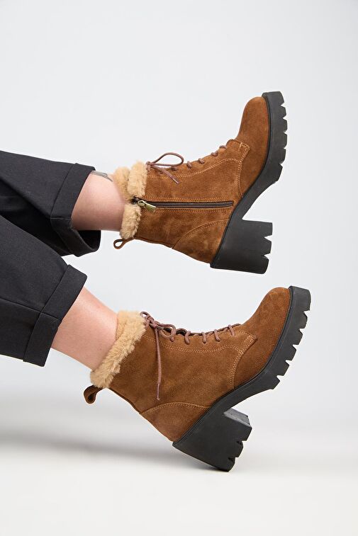 Manijero [Wilma) Kadın Hakiki Deri İçi Kürklü Ve Kürk Şeritli, Topuklu Taba Bot - Görsel 8