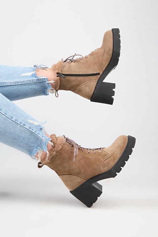 Manijero [Wilma) Kadın Hakiki Deri İçi Kürklü Ve Kürk Şeritli, Topuklu Vizon Bot - Görsel 9