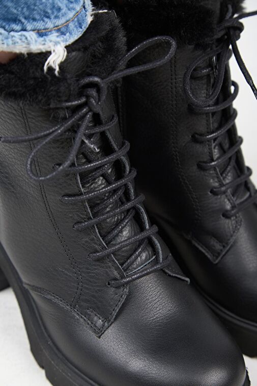 Manijero [Wilma) Kadın Hakiki Deri İçi Kürklü Ve Kürk Şeritli, Topuklu Siyah Bot - Görsel 5