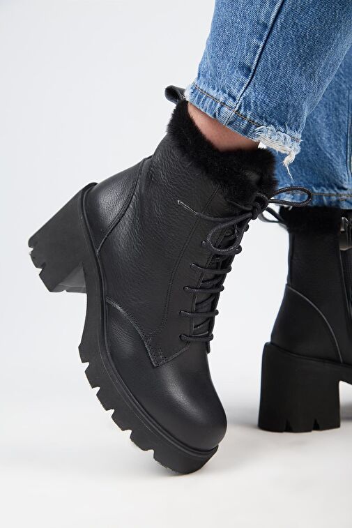 Manijero [Wilma) Kadın Hakiki Deri İçi Kürklü Ve Kürk Şeritli, Topuklu Siyah Bot - Görsel 6