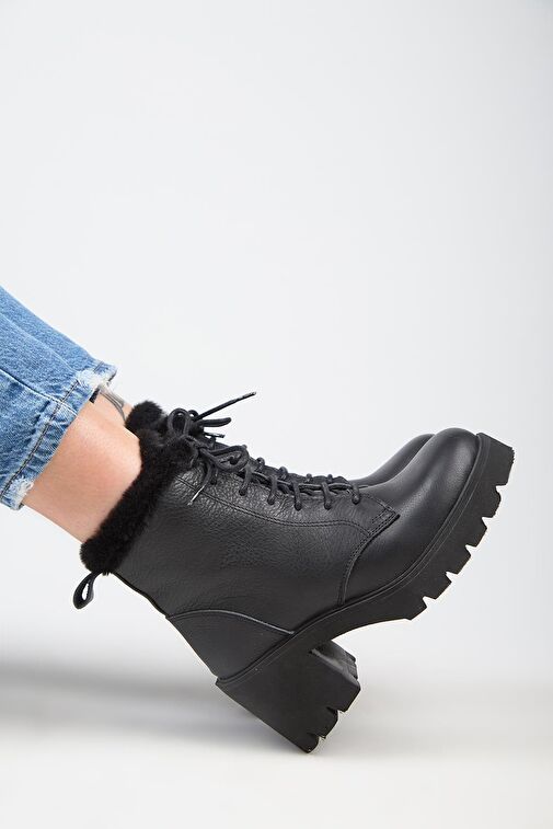 Manijero [Wilma) Kadın Hakiki Deri İçi Kürklü Ve Kürk Şeritli, Topuklu Siyah Bot - Görsel 7