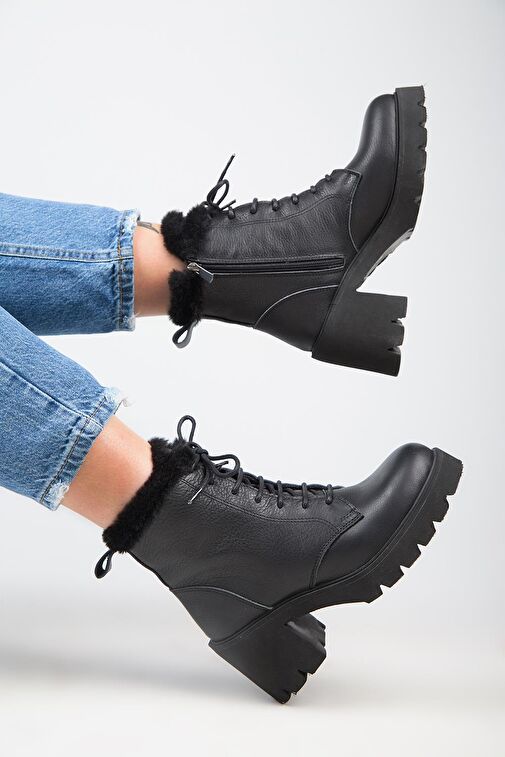Manijero [Wilma) Kadın Hakiki Deri İçi Kürklü Ve Kürk Şeritli, Topuklu Siyah Bot - Görsel 8