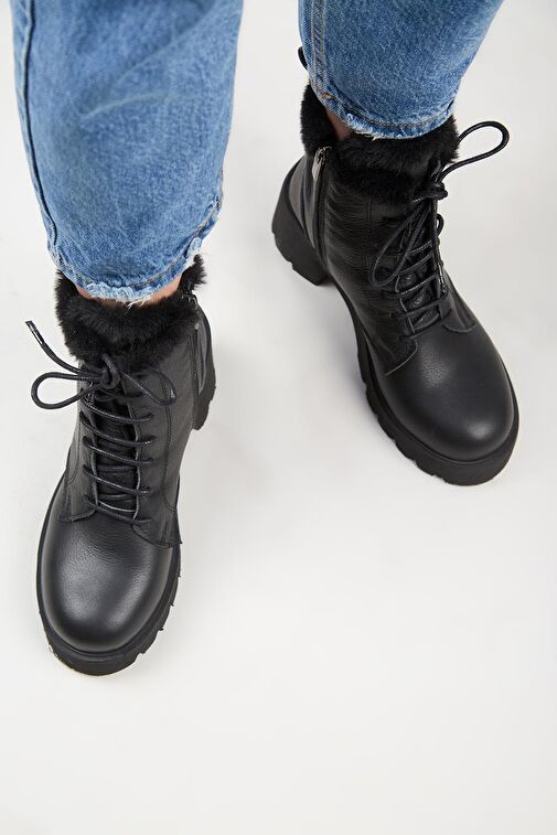 Manijero [Wilma) Kadın Hakiki Deri İçi Kürklü Ve Kürk Şeritli, Topuklu Siyah Bot - Görsel 9